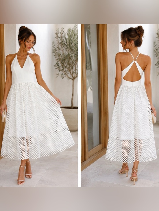 NBD Dresses & Skirts - NBD XS White Mesh Overlay Midi Dress Ring Halter Fit Flare Party Cocktail Bridal